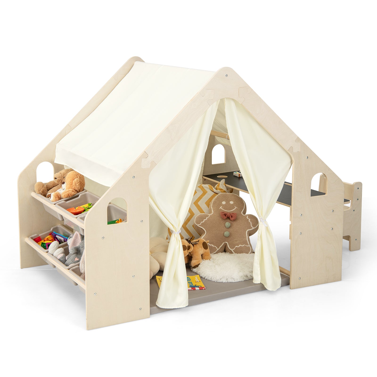6-in-1 Kids Playhouse Wooden Indoor Play Tent with Blackboard and 6 Storage Bins & Floor Cushion-Beige