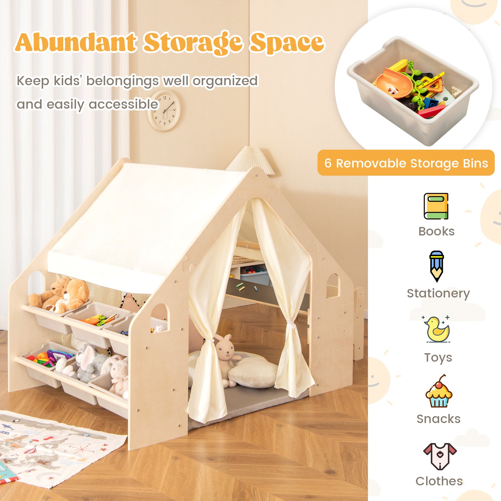 6-in-1 Kids Playhouse Wooden Indoor Play Tent with Blackboard and 6 Storage Bins & Floor Cushion-Beige