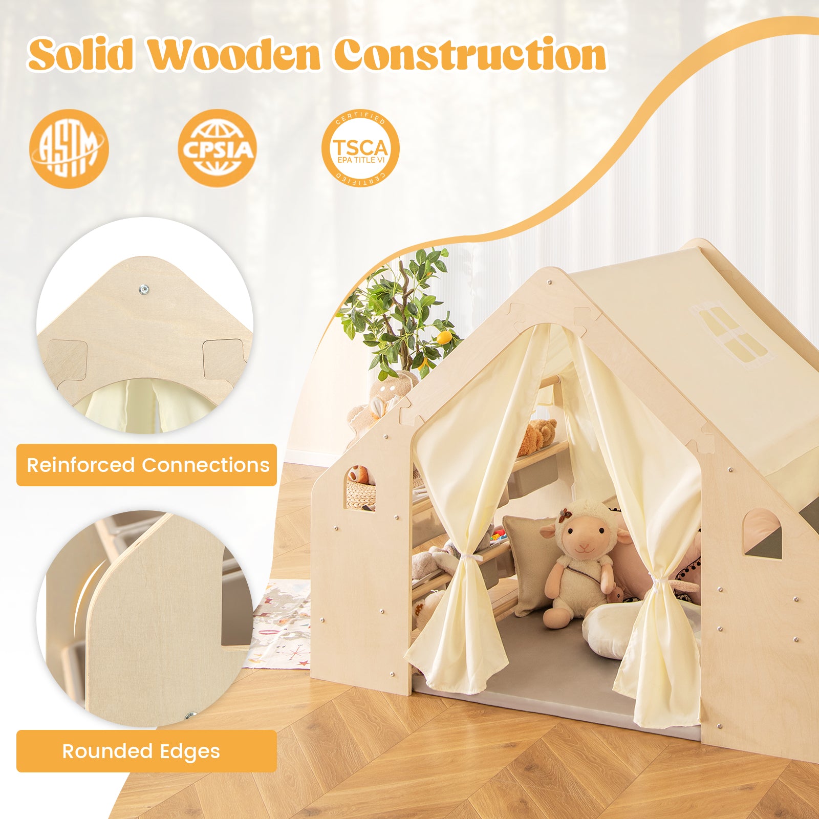 6-in-1 Kids Playhouse Wooden Indoor Play Tent with Blackboard and 6 Storage Bins & Floor Cushion-Beige
