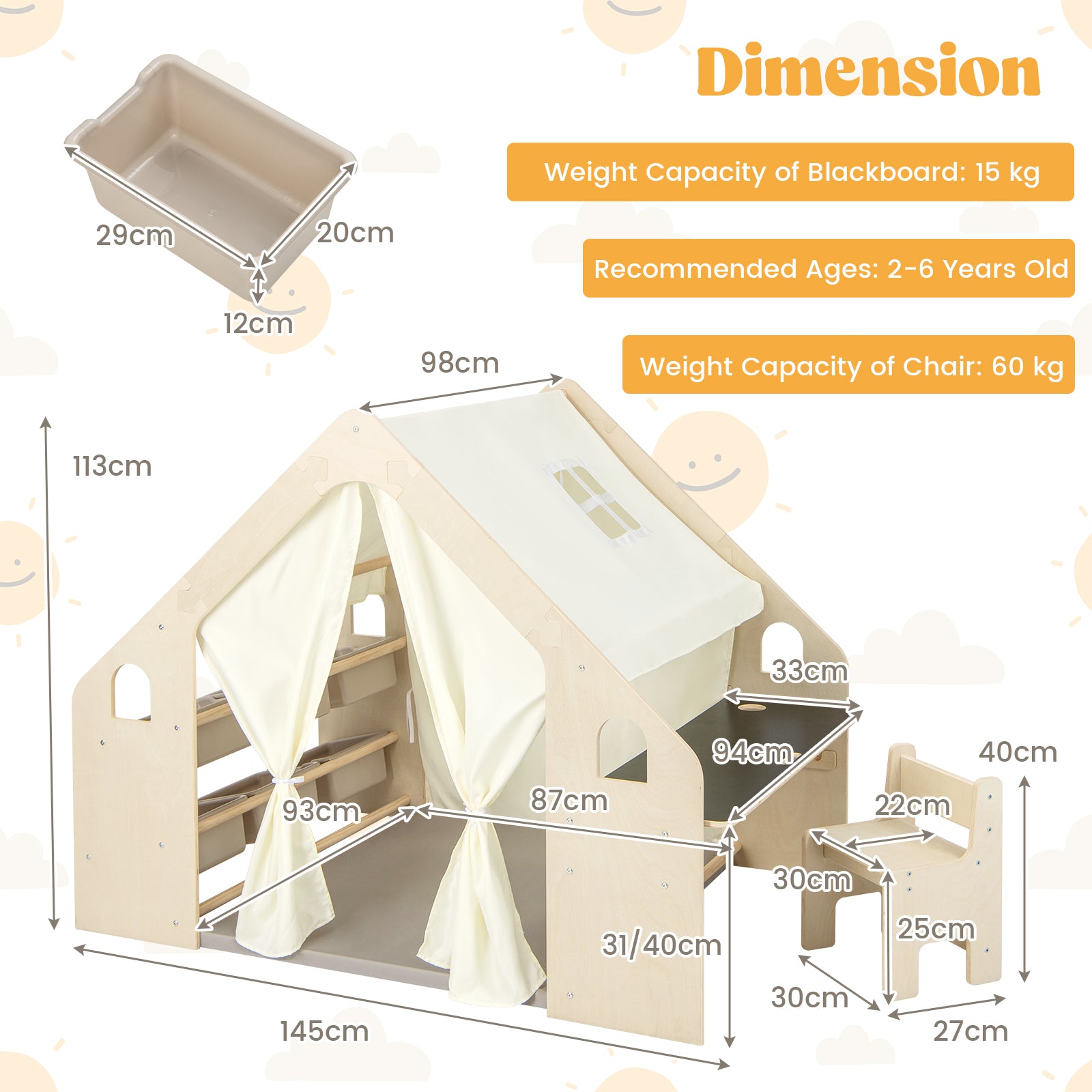 6-in-1 Kids Playhouse Wooden Indoor Play Tent with Blackboard and 6 Storage Bins & Floor Cushion-Beige