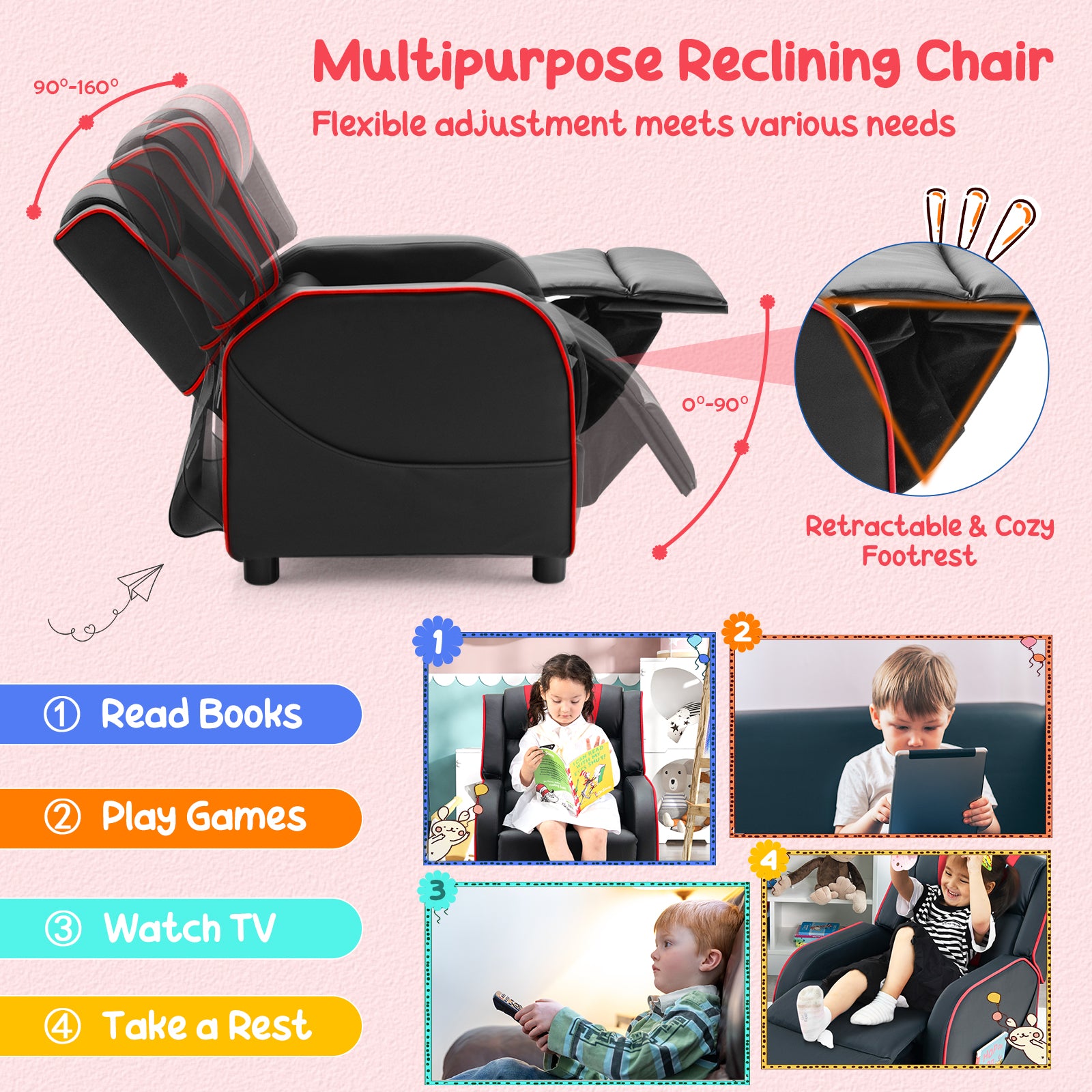 Kids Recliner Sofa Couch with Adjustable Backrest Footrest and High Density Sponge-Red