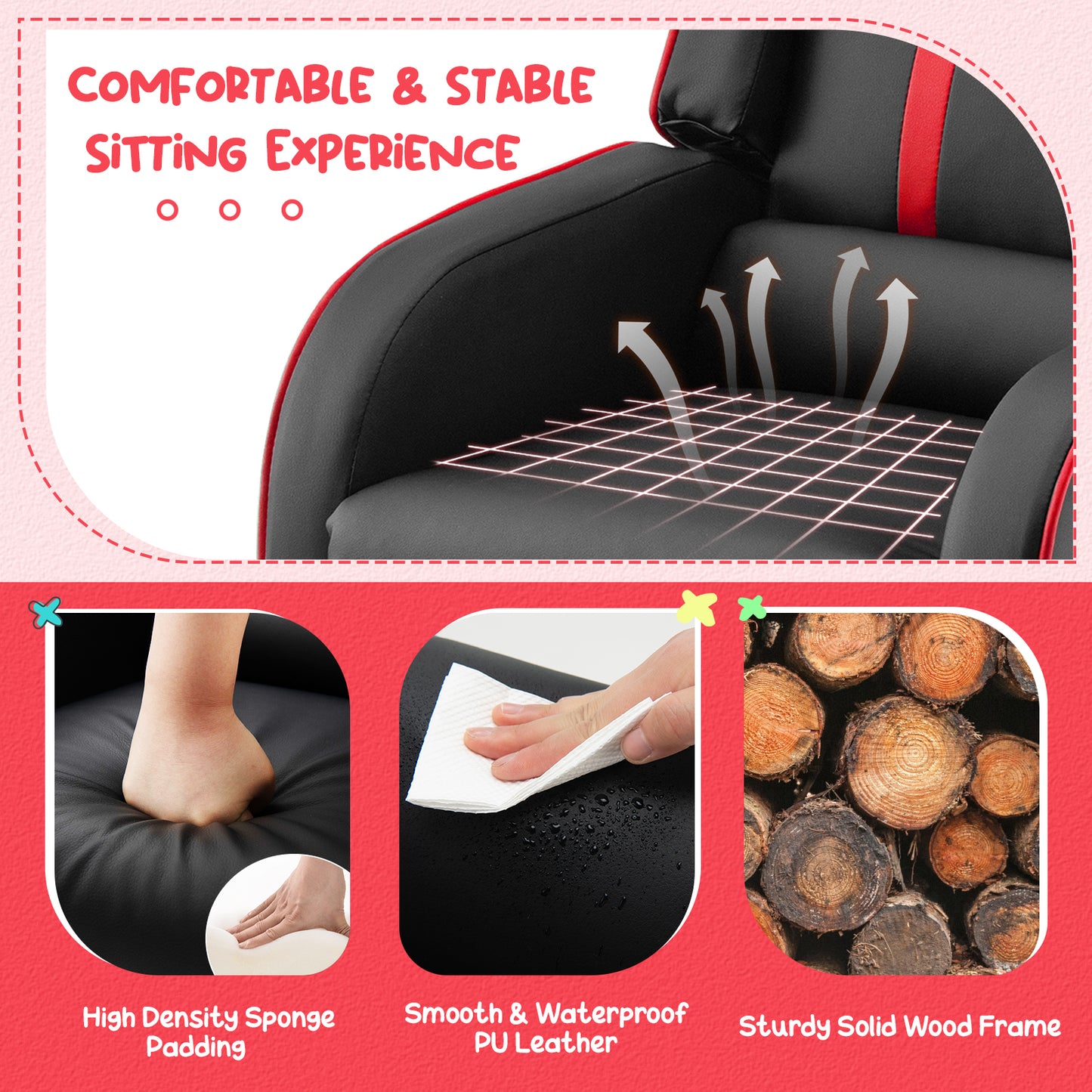 Kids Recliner Sofa Couch with Adjustable Backrest Footrest and High Density Sponge-Red