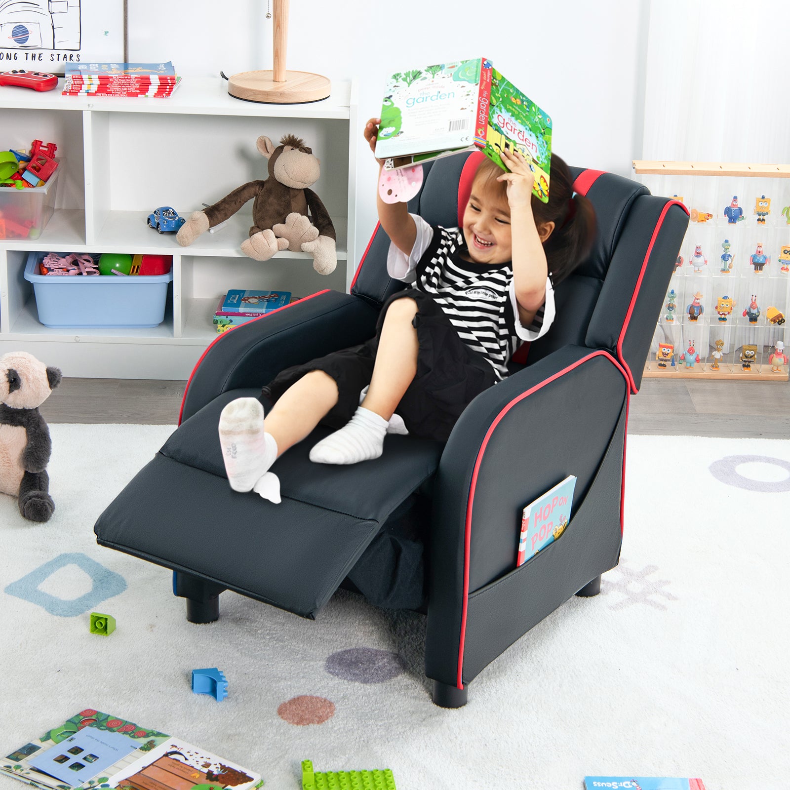 Kids Recliner Sofa Couch with Adjustable Backrest Footrest and High Density Sponge-Red