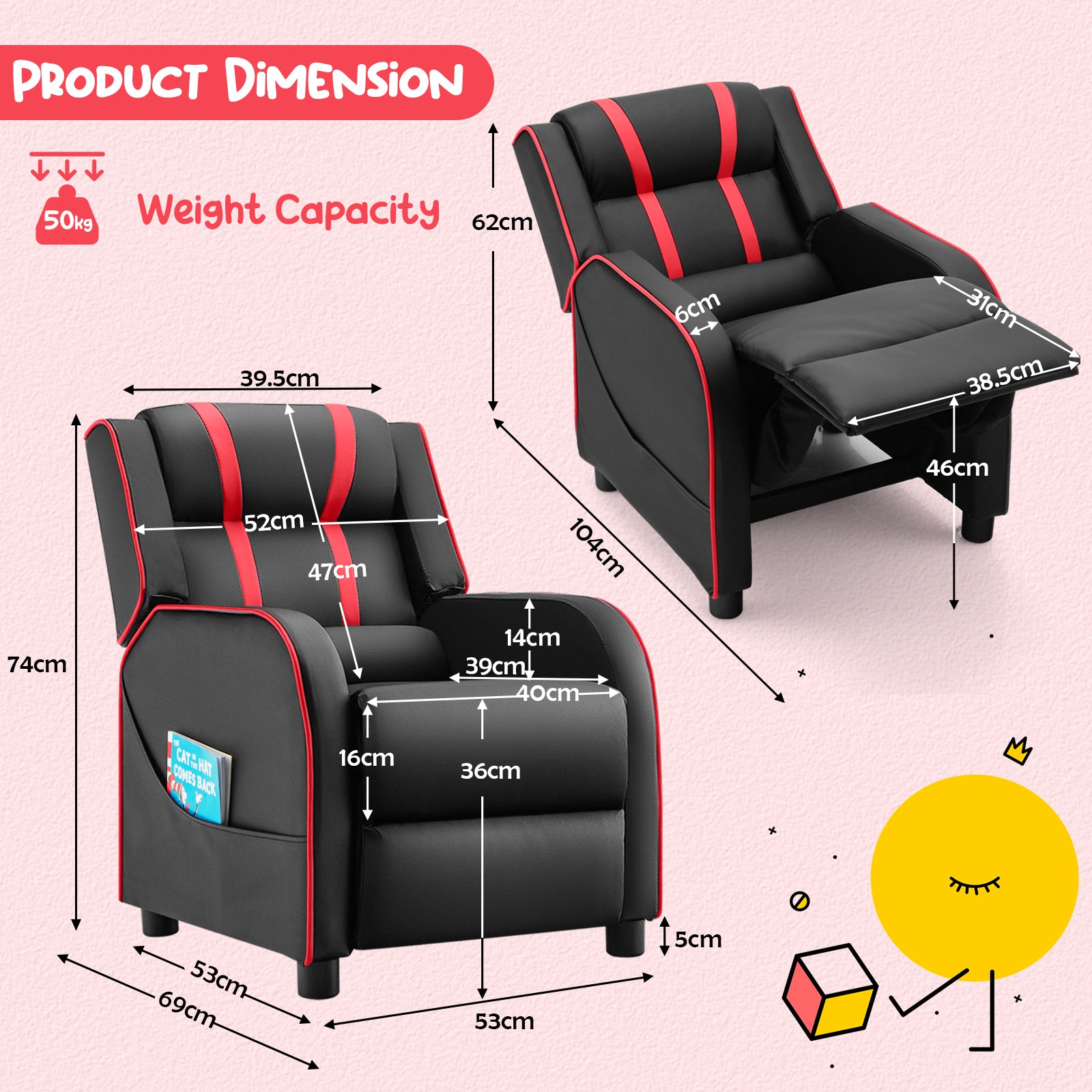 Kids Recliner Sofa Couch with Adjustable Backrest Footrest and High Density Sponge-Red