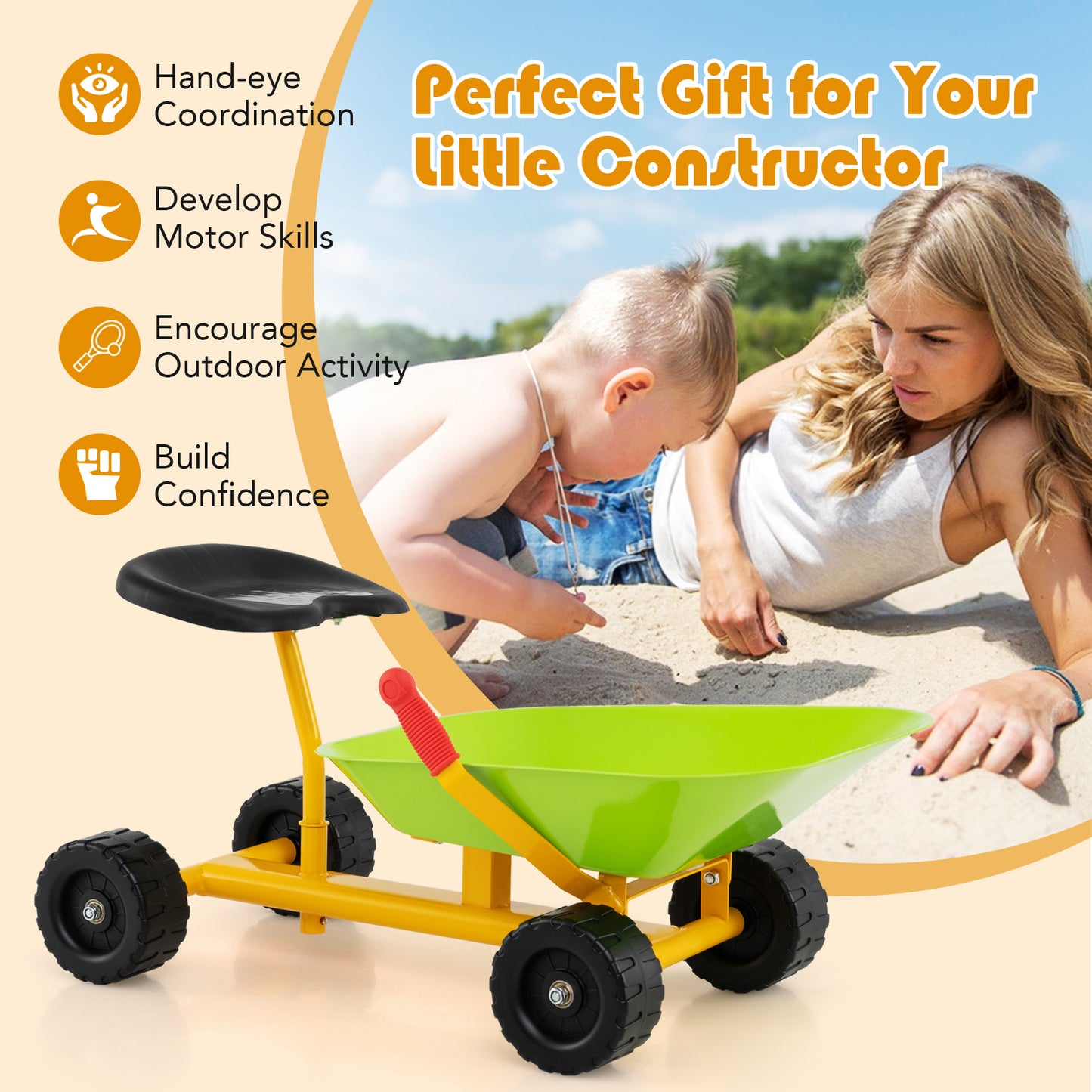 Kids Ride-On Sand Dumper Outdoor Sandbox Toy Heavy-Duty Carbon Steel Kids Wheelbarrow-Green
