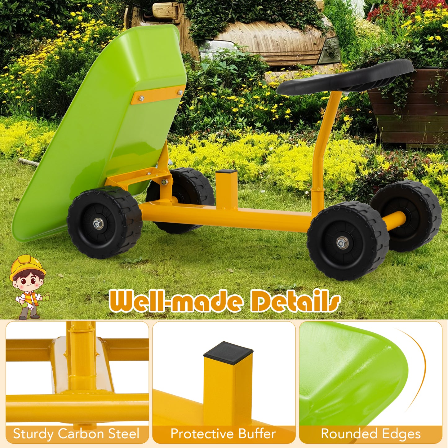 Kids Ride-On Sand Dumper Outdoor Sandbox Toy Heavy-Duty Carbon Steel Kids Wheelbarrow-Green