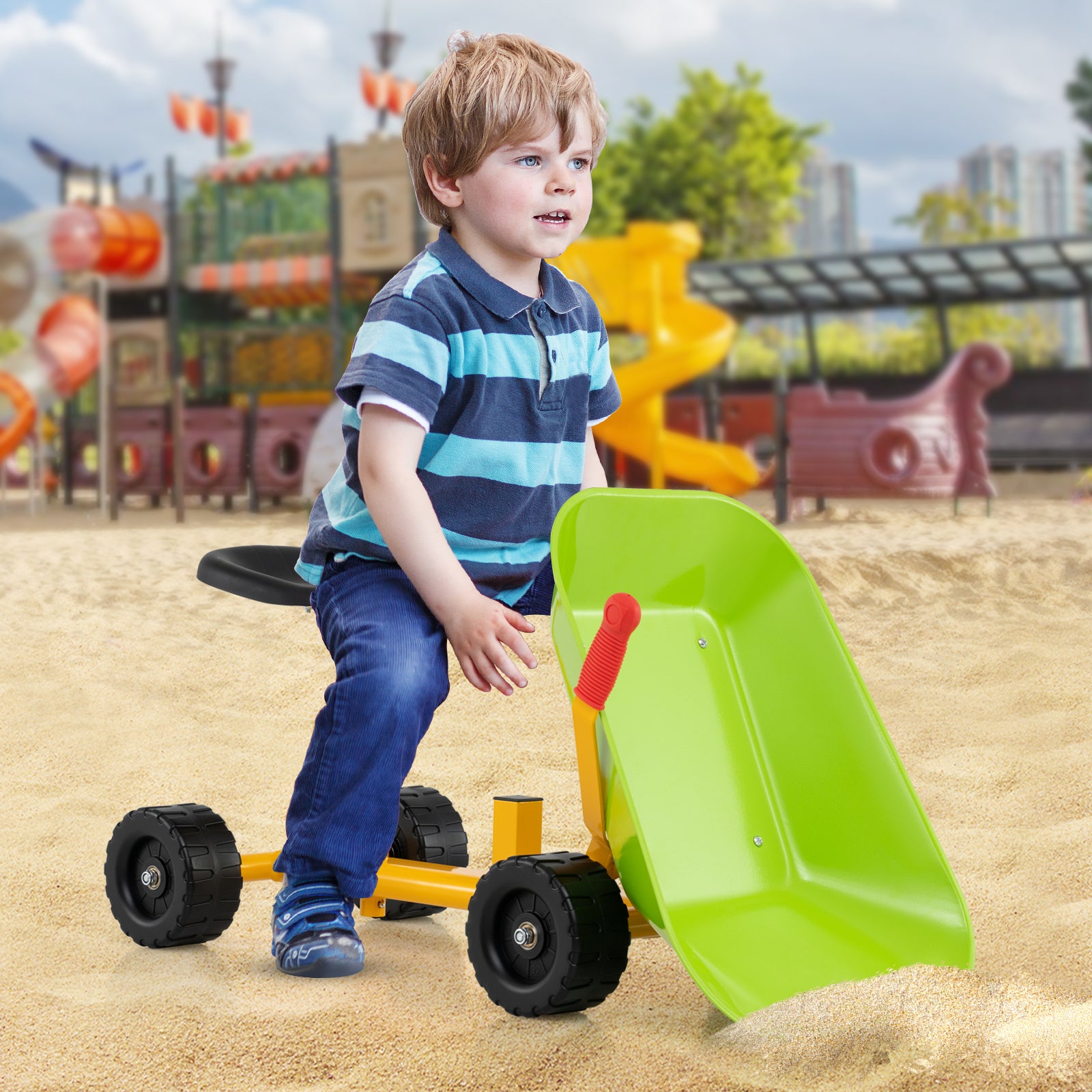Kids Ride-On Sand Dumper Outdoor Sandbox Toy Heavy-Duty Carbon Steel Kids Wheelbarrow-Green