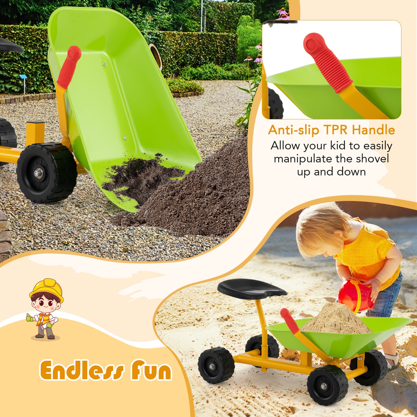 Kids Ride-On Sand Dumper Outdoor Sandbox Toy Heavy-Duty Carbon Steel Kids Wheelbarrow-Green