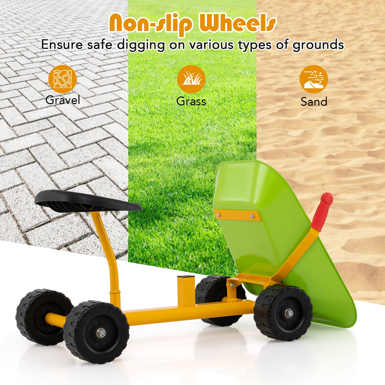 Kids Ride-On Sand Dumper Outdoor Sandbox Toy Heavy-Duty Carbon Steel Kids Wheelbarrow-Green
