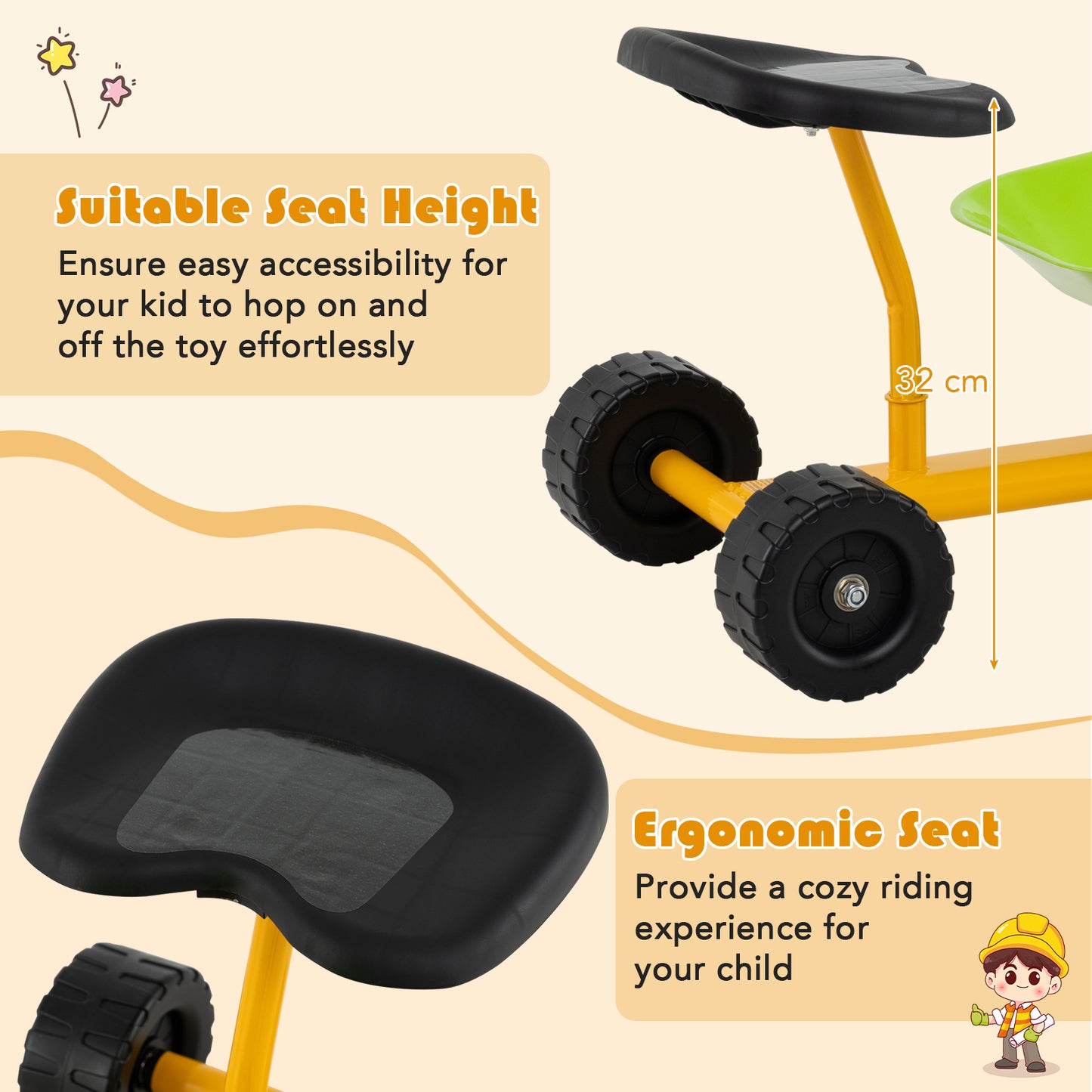 Kids Ride-On Sand Dumper Outdoor Sandbox Toy Heavy-Duty Carbon Steel Kids Wheelbarrow-Green