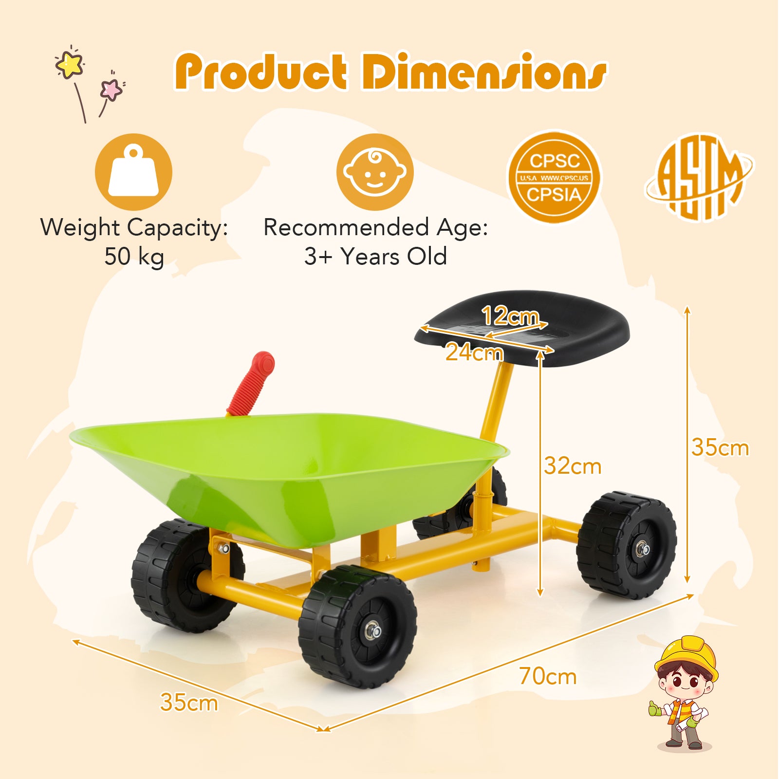 Kids Ride-On Sand Dumper Outdoor Sandbox Toy Heavy-Duty Carbon Steel Kids Wheelbarrow-Green