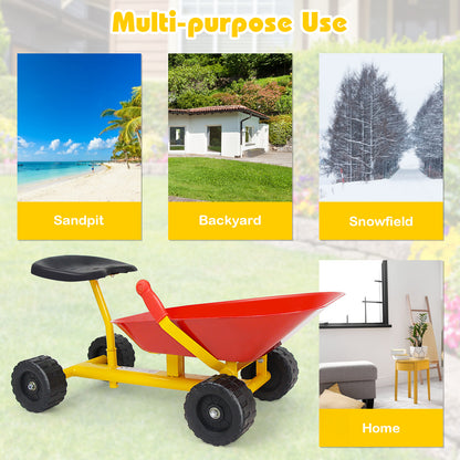 Kids Ride-On Sand Dumper Outdoor Sandbox Toy Heavy-Duty Carbon Steel Kids Wheelbarrow-Red