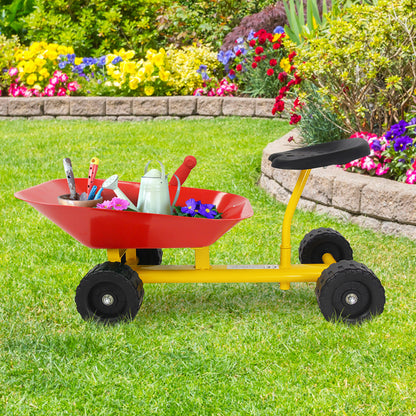 Kids Ride-On Sand Dumper Outdoor Sandbox Toy Heavy-Duty Carbon Steel Kids Wheelbarrow-Red