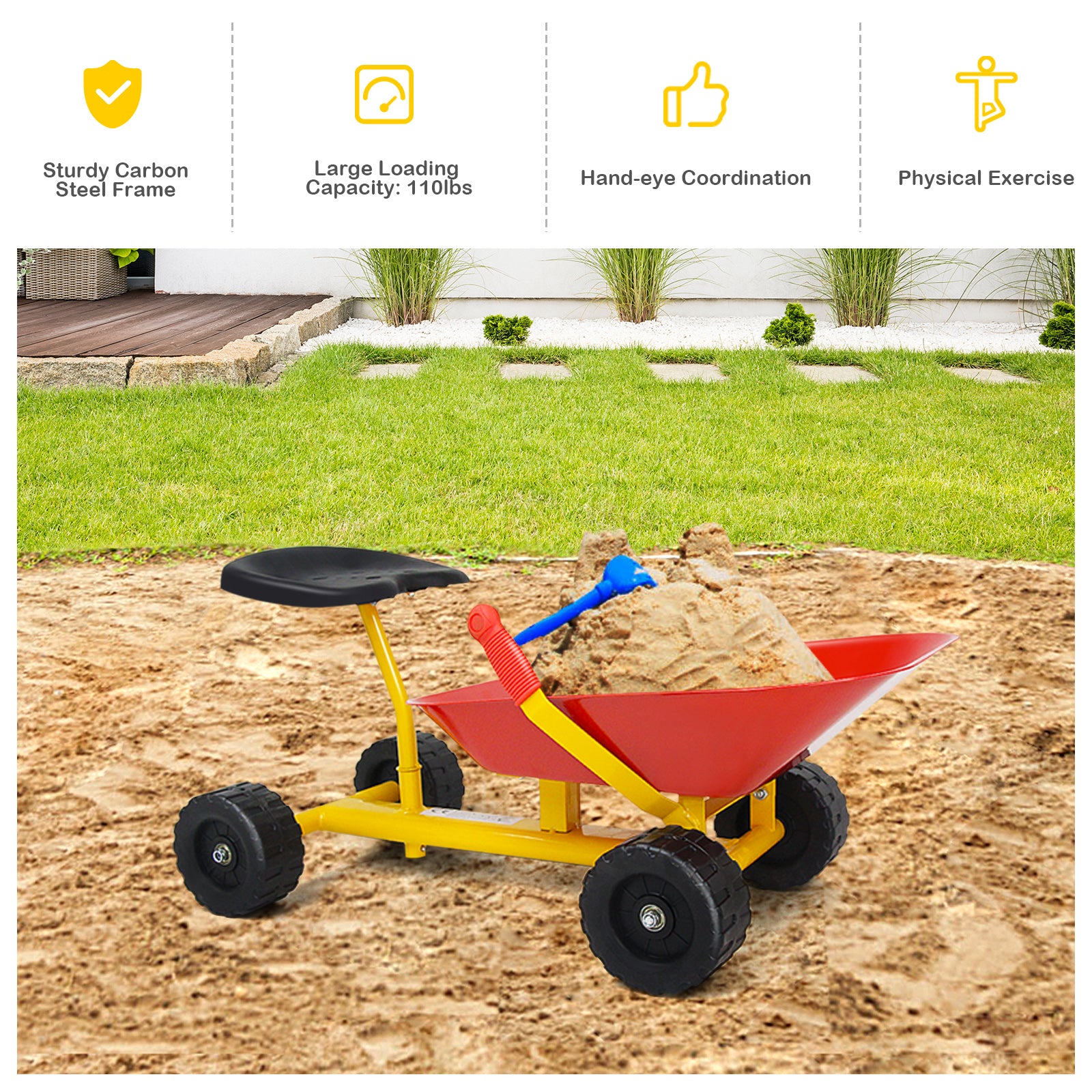 Kids Ride-On Sand Dumper Outdoor Sandbox Toy Heavy-Duty Carbon Steel Kids Wheelbarrow-Red