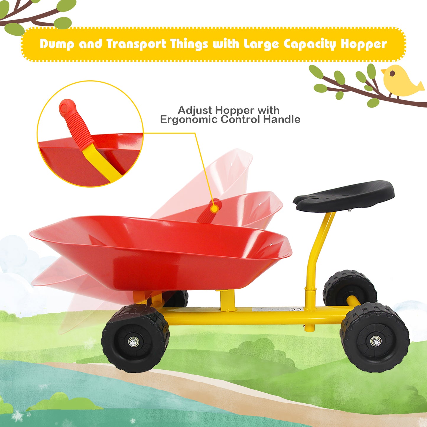 Kids Ride-On Sand Dumper Outdoor Sandbox Toy Heavy-Duty Carbon Steel Kids Wheelbarrow-Red