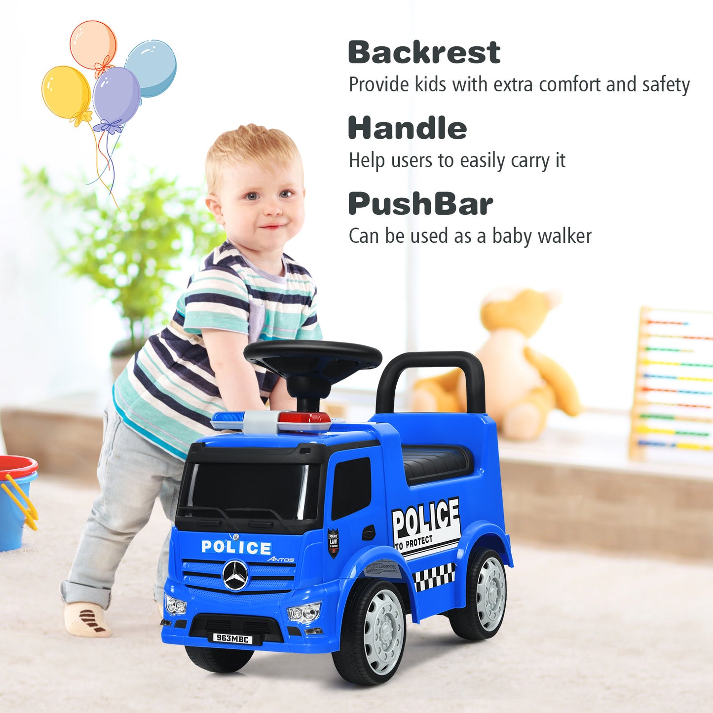 Kids Ride on Police Car Licensed Mercedes Benz Toddler Push Car-Blue