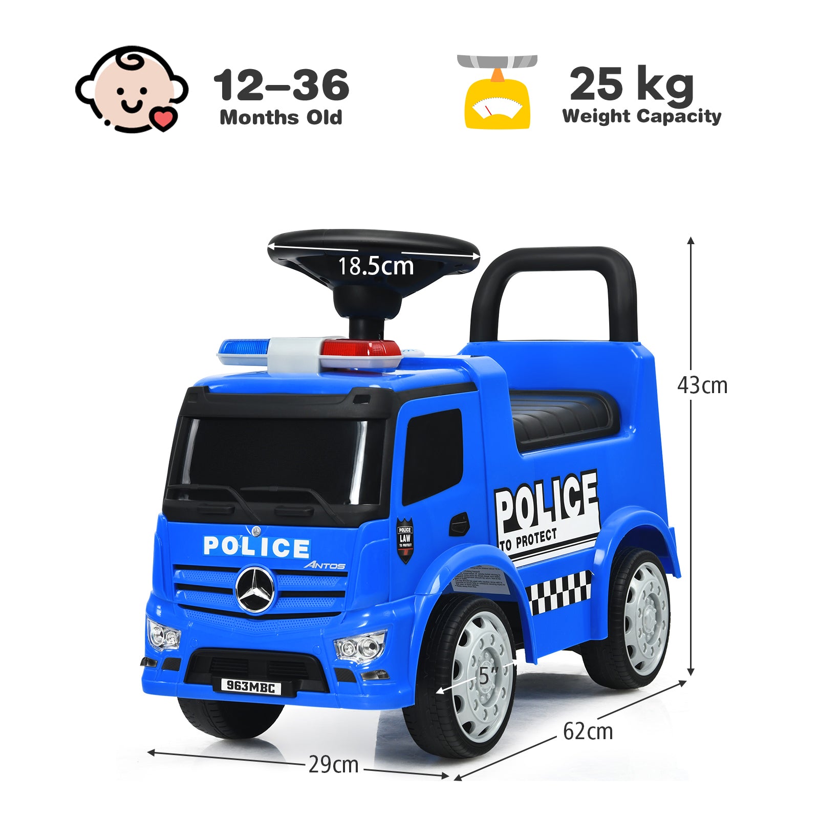 Kids Ride on Police Car Licensed Mercedes Benz Toddler Push Car-Blue