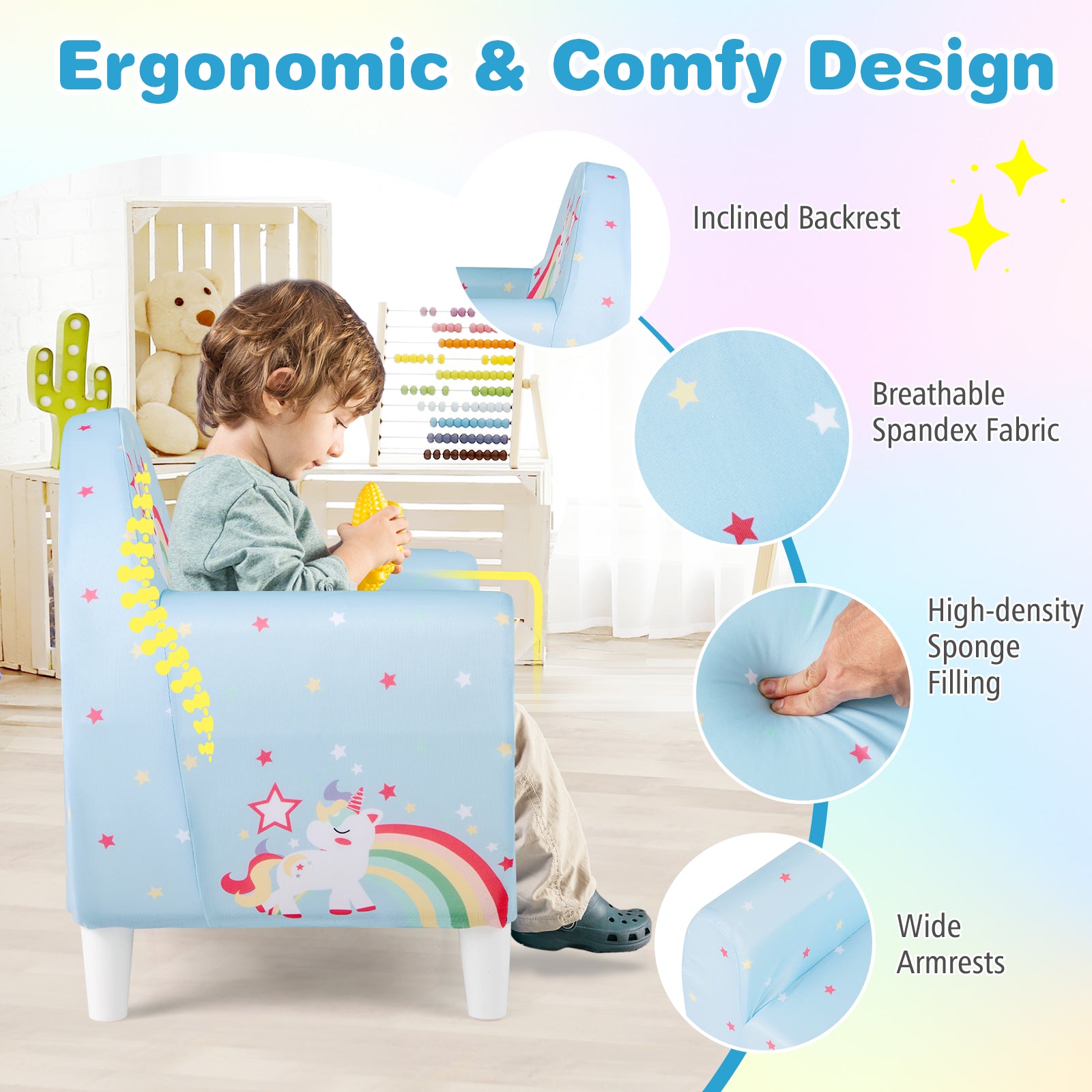 Kids Sofa Toddler Upholstered Armchair with Spandex Fabric-Blue