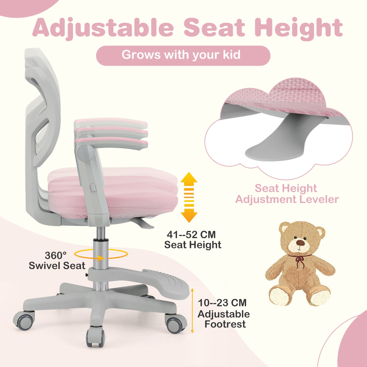 Kids Study Chair with Adjustable Height for Boys Girls Age 3-10-Pink