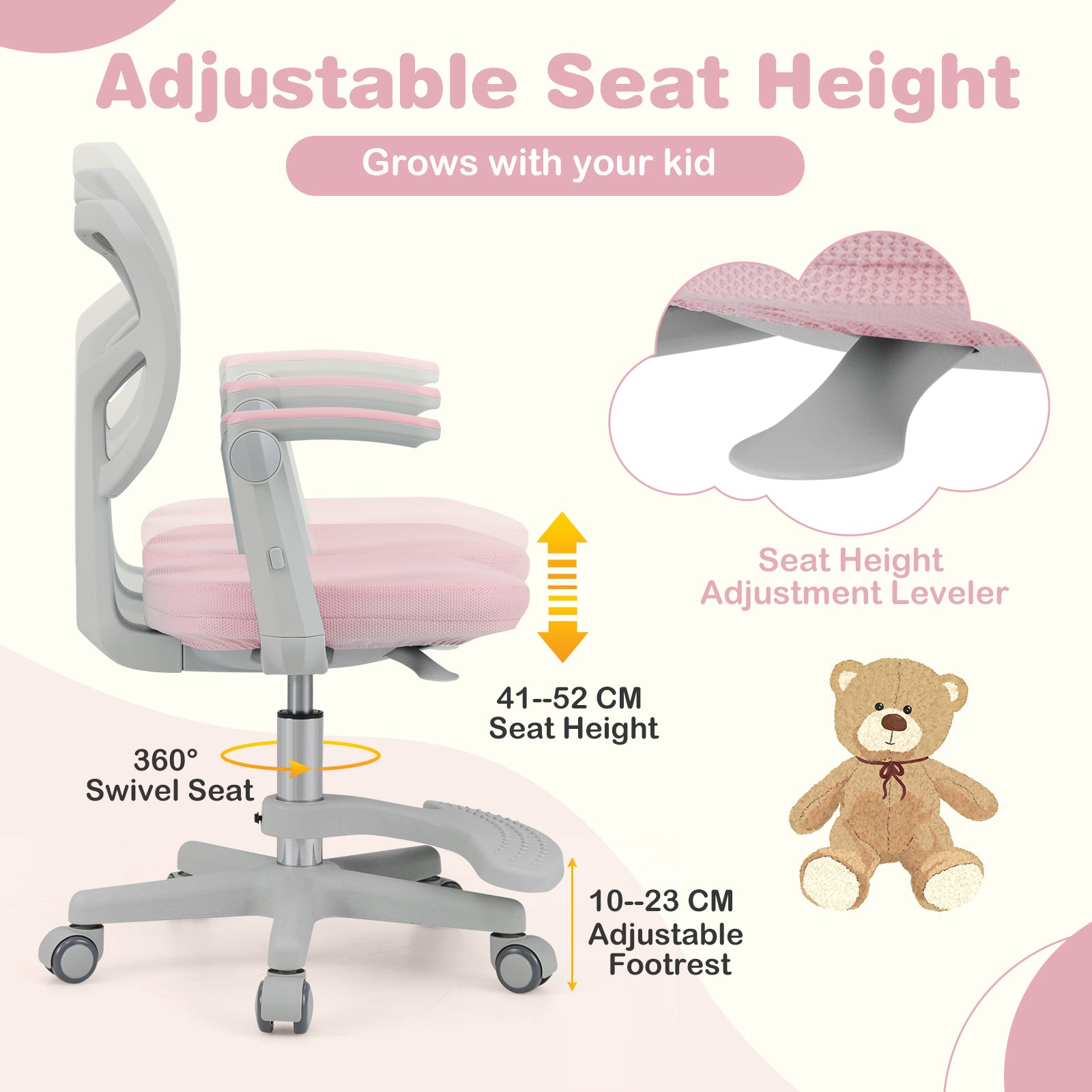 Kids Study Chair with Adjustable Height for Boys Girls Age 3-10-Pink