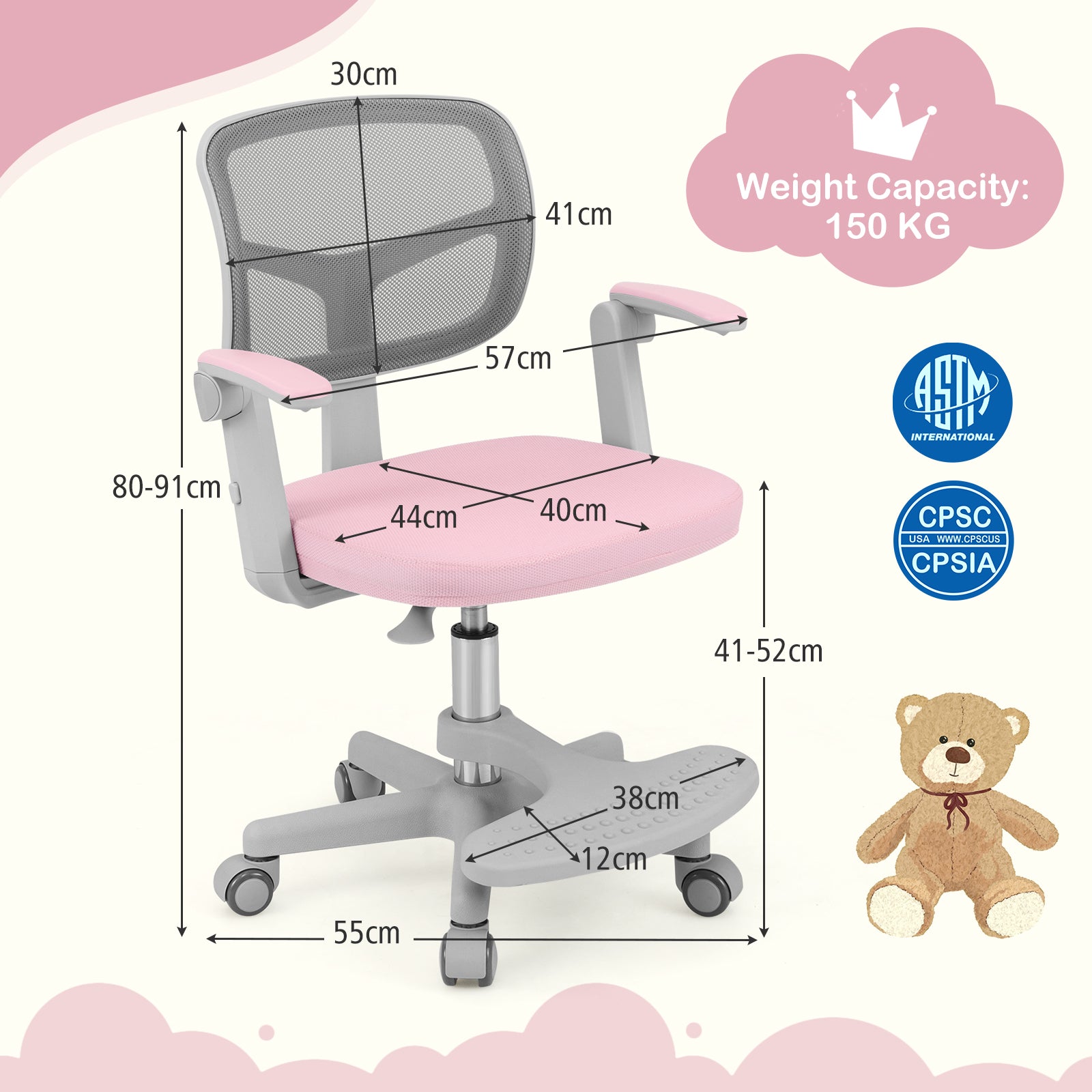 Kids Study Chair with Adjustable Height for Boys Girls Age 3-10-Pink