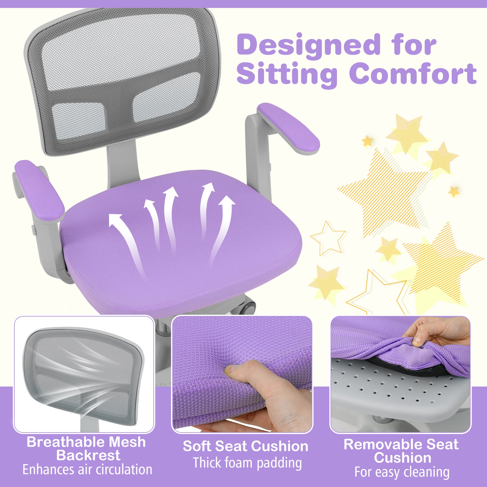 Kids Study Chair with Adjustable Height for Boys Girls Age 3-10-Purple