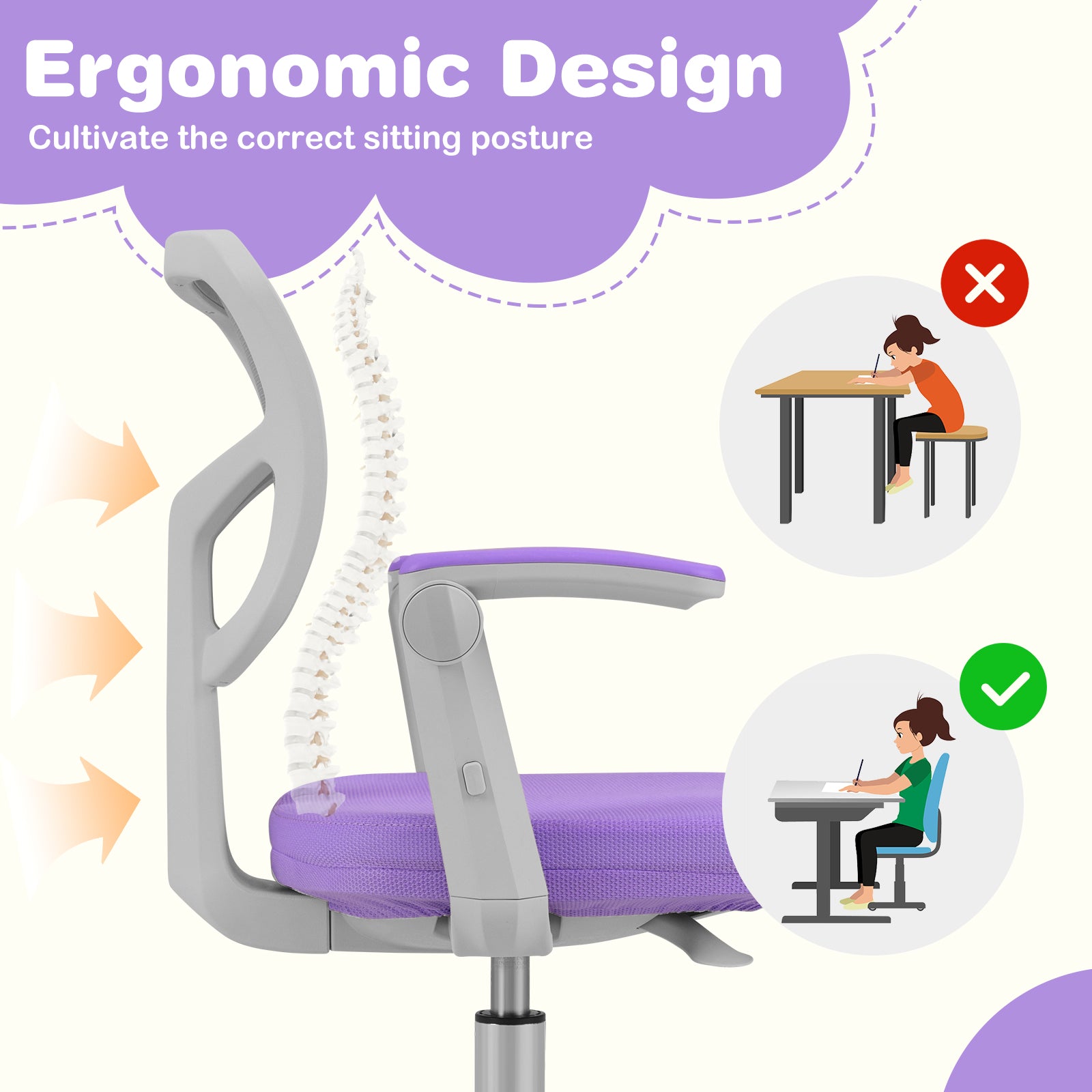Kids Study Chair with Adjustable Height for Boys Girls Age 3-10-Purple
