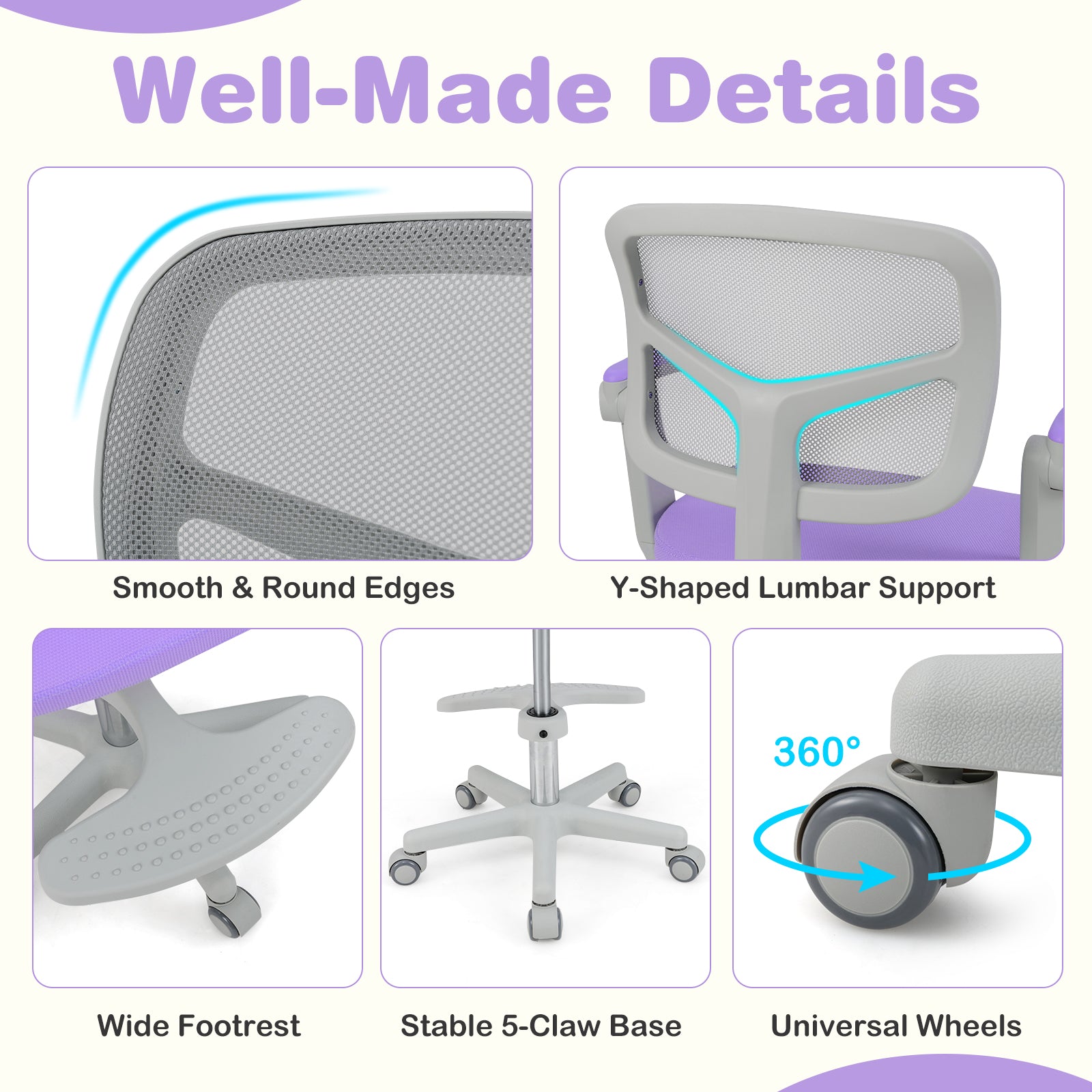 Kids Study Chair with Adjustable Height for Boys Girls Age 3-10-Purple