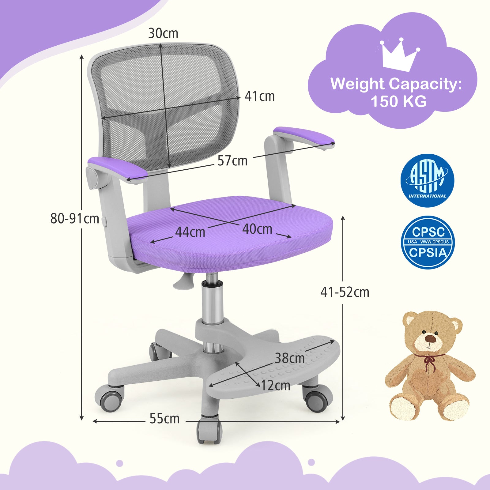 Kids Study Chair with Adjustable Height for Boys Girls Age 3-10-Purple
