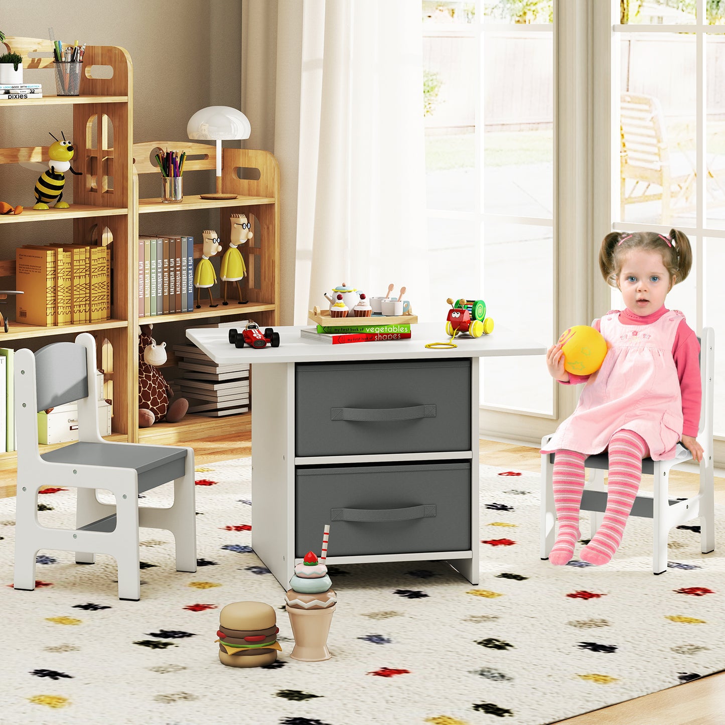 Kids Table and Chair Set Toddler Wooden Activity Table and 2 Chairs Set