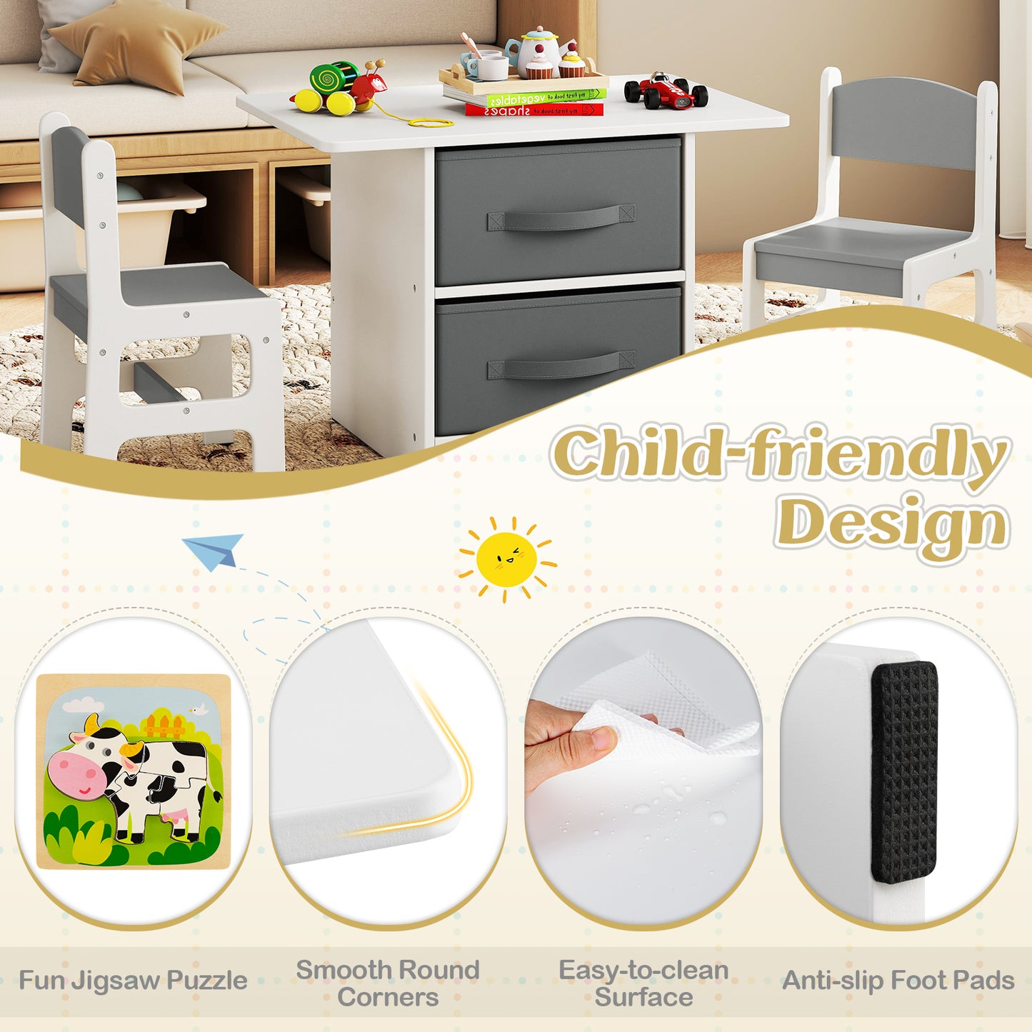 Kids Table and Chair Set Toddler Wooden Activity Table and 2 Chairs Set