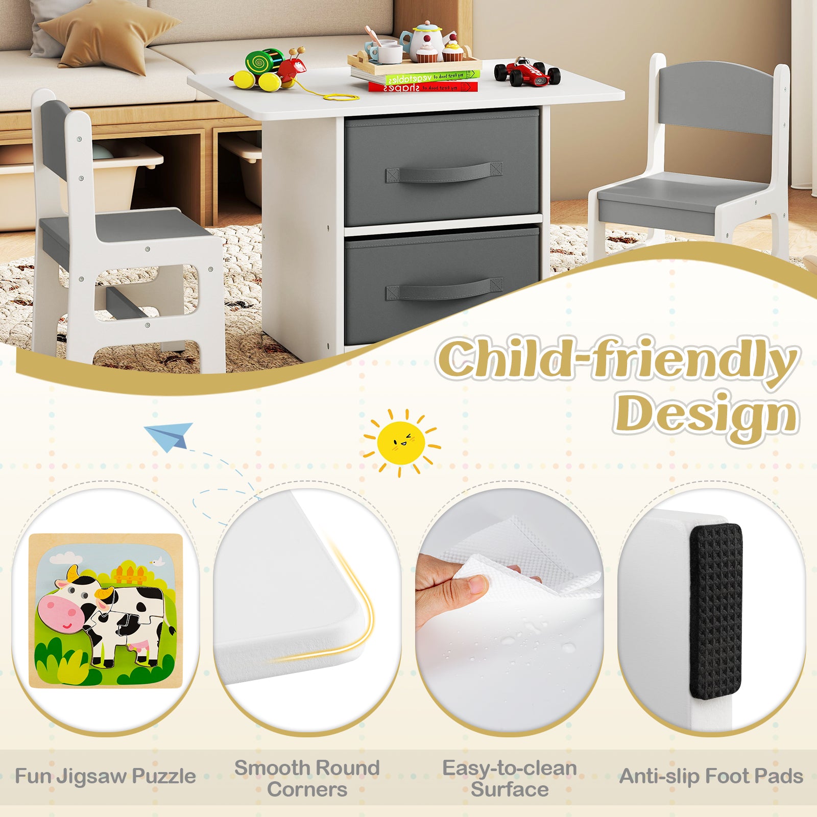 Kids Table and Chair Set Toddler Wooden Activity Table and 2 Chairs Set