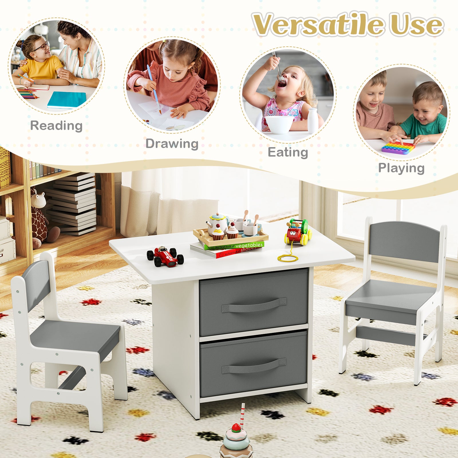 Kids Table and Chair Set Toddler Wooden Activity Table and 2 Chairs Set