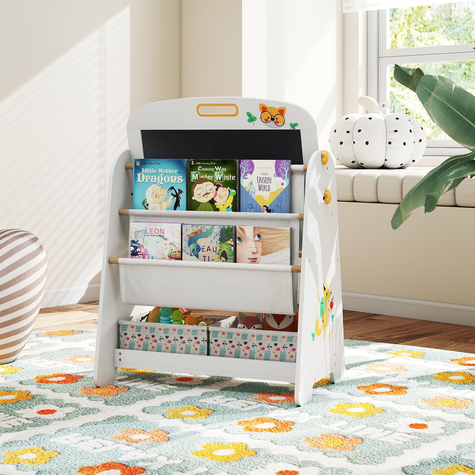 Kids Table and Chair Set 4-in-1 Art Easel and Bookshelf-Yellow