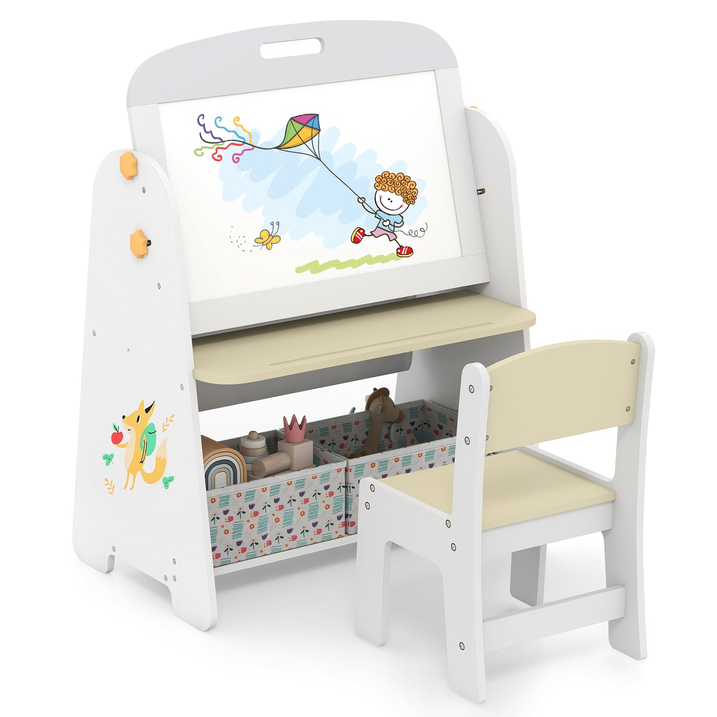 Kids Table and Chair Set 4-in-1 Art Easel and Bookshelf-Yellow
