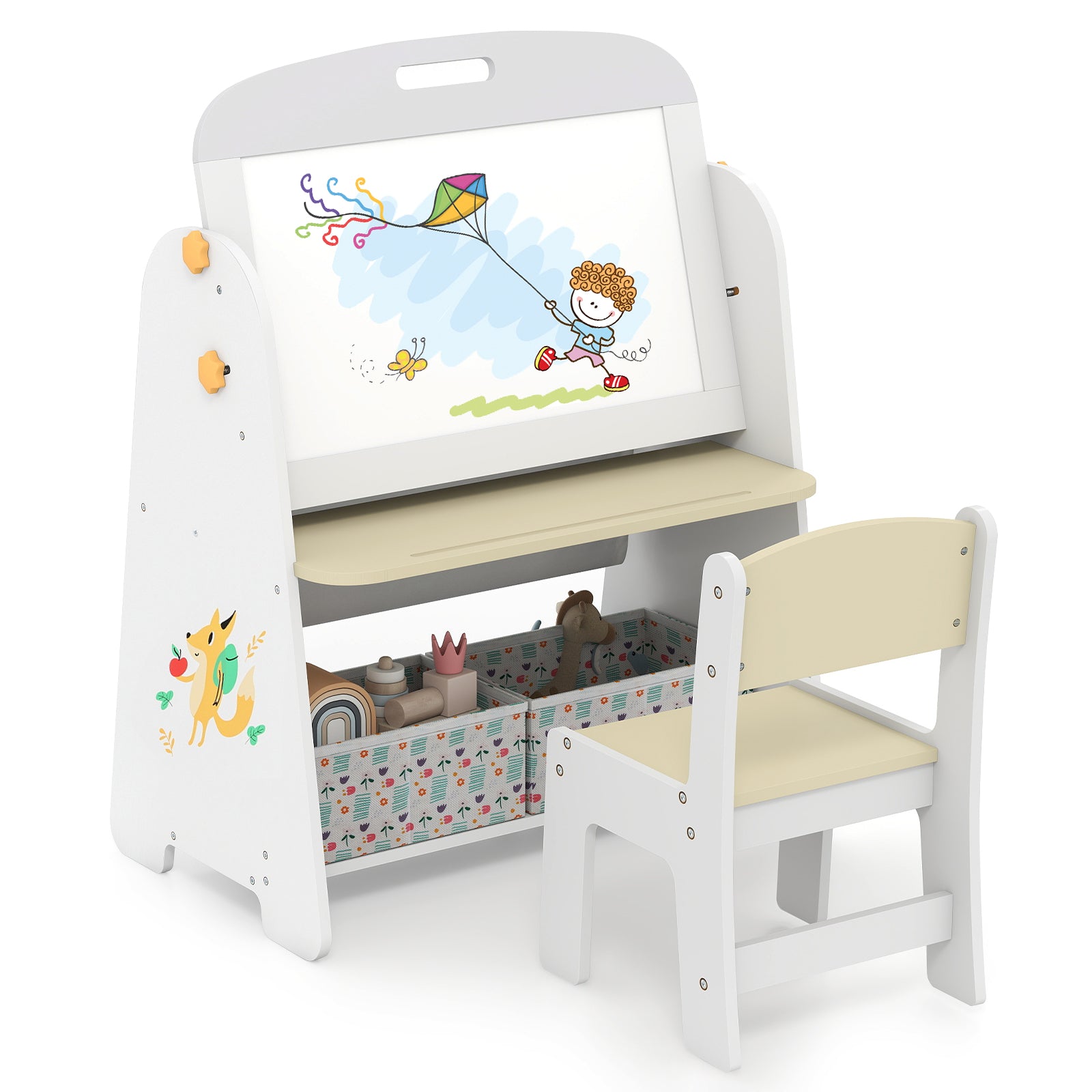 Kids Table and Chair Set 4-in-1 Art Easel and Bookshelf-Yellow