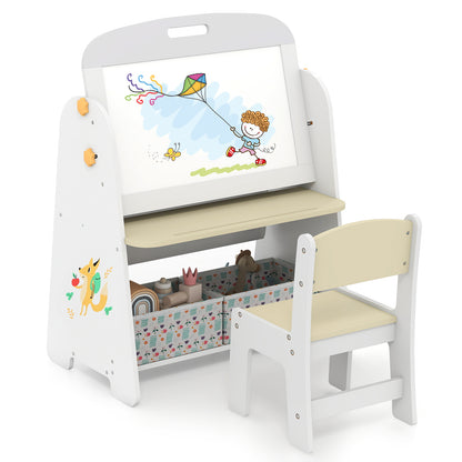 Kids Table and Chair Set 4-in-1 Art Easel and Bookshelf-Yellow