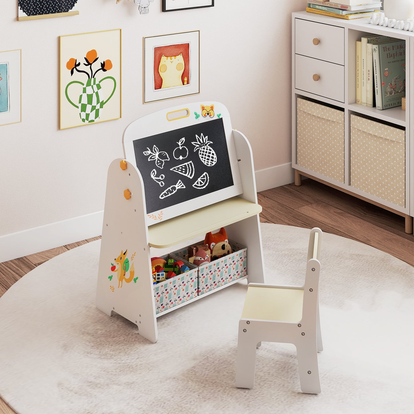 Kids Table and Chair Set 4-in-1 Art Easel and Bookshelf-Yellow