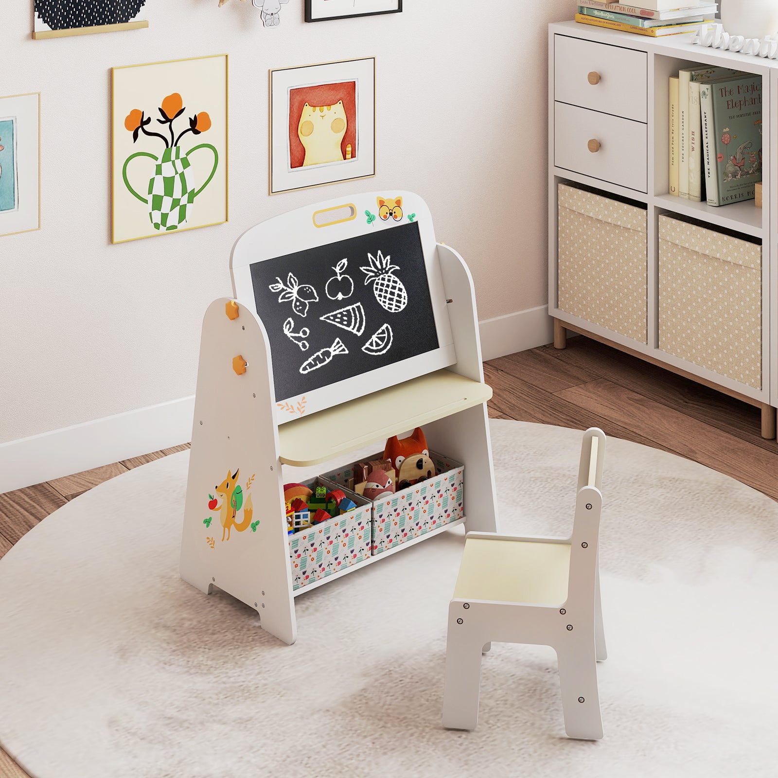 Kids Table and Chair Set 4-in-1 Art Easel and Bookshelf-Yellow