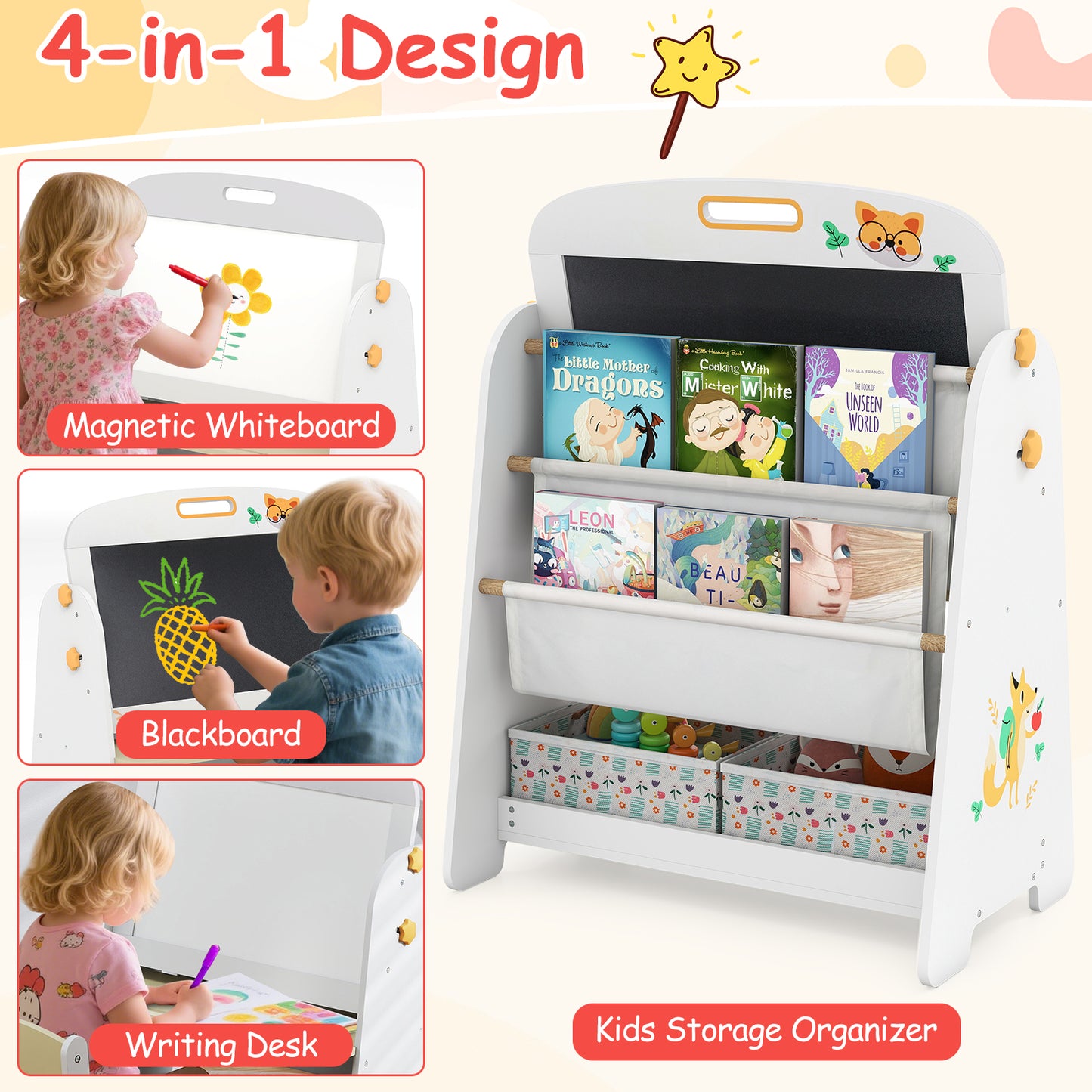 Kids Table and Chair Set 4-in-1 Art Easel and Bookshelf-Yellow