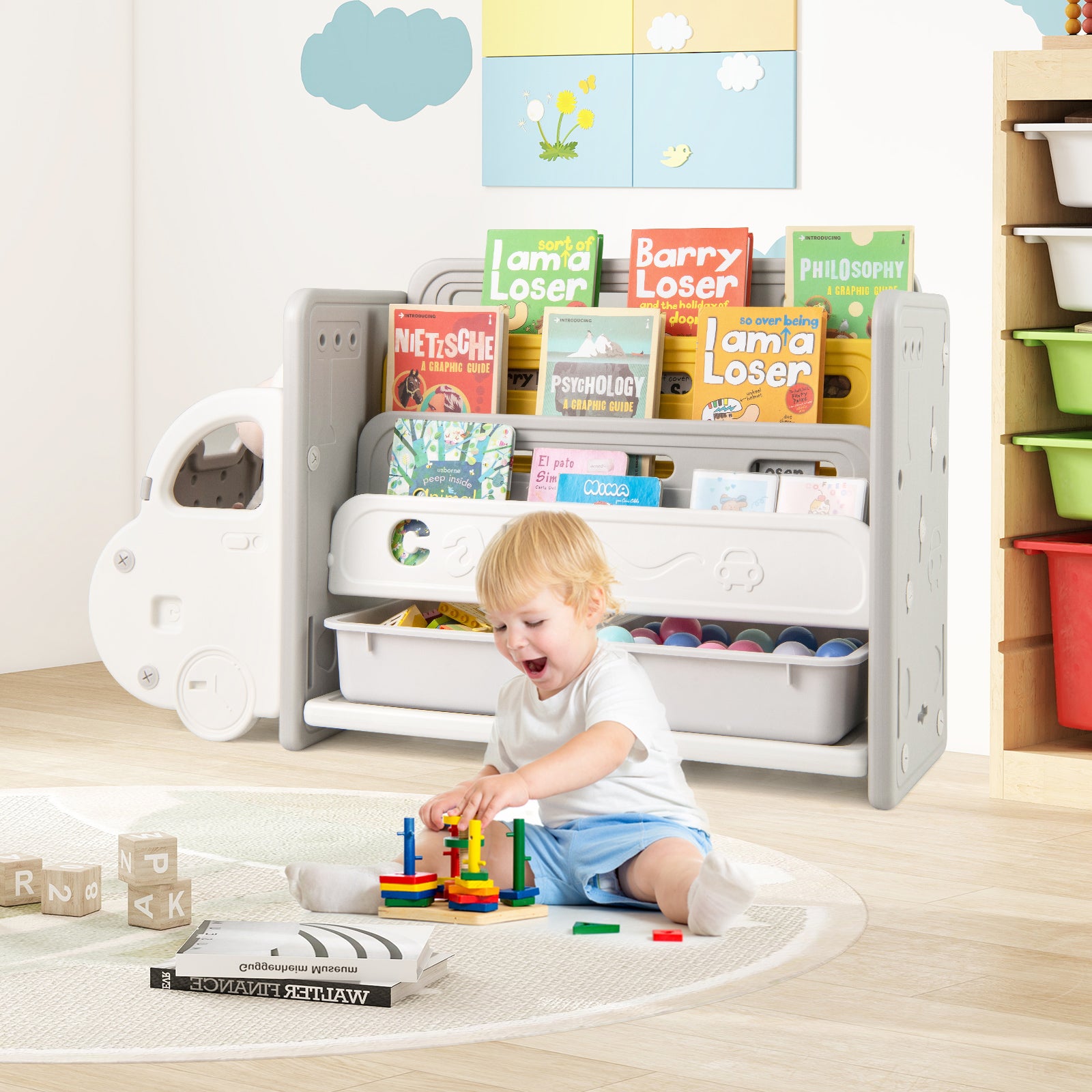 Kids Toy Storage and Bookshelf Car Themed Toy Storage Shelf