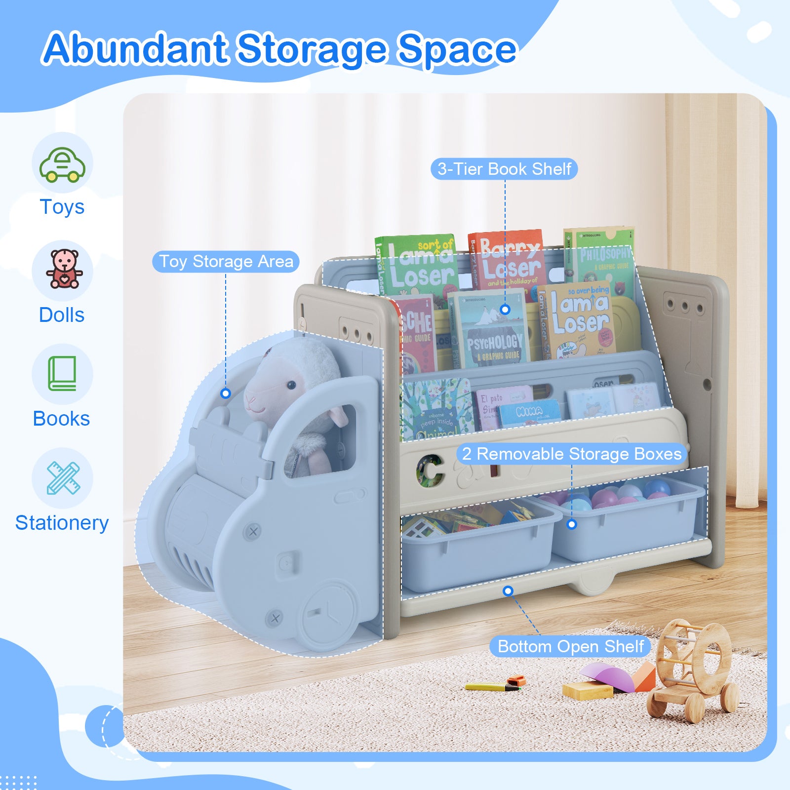 Kids Toy Storage and Bookshelf Car Themed Toy Storage Shelf