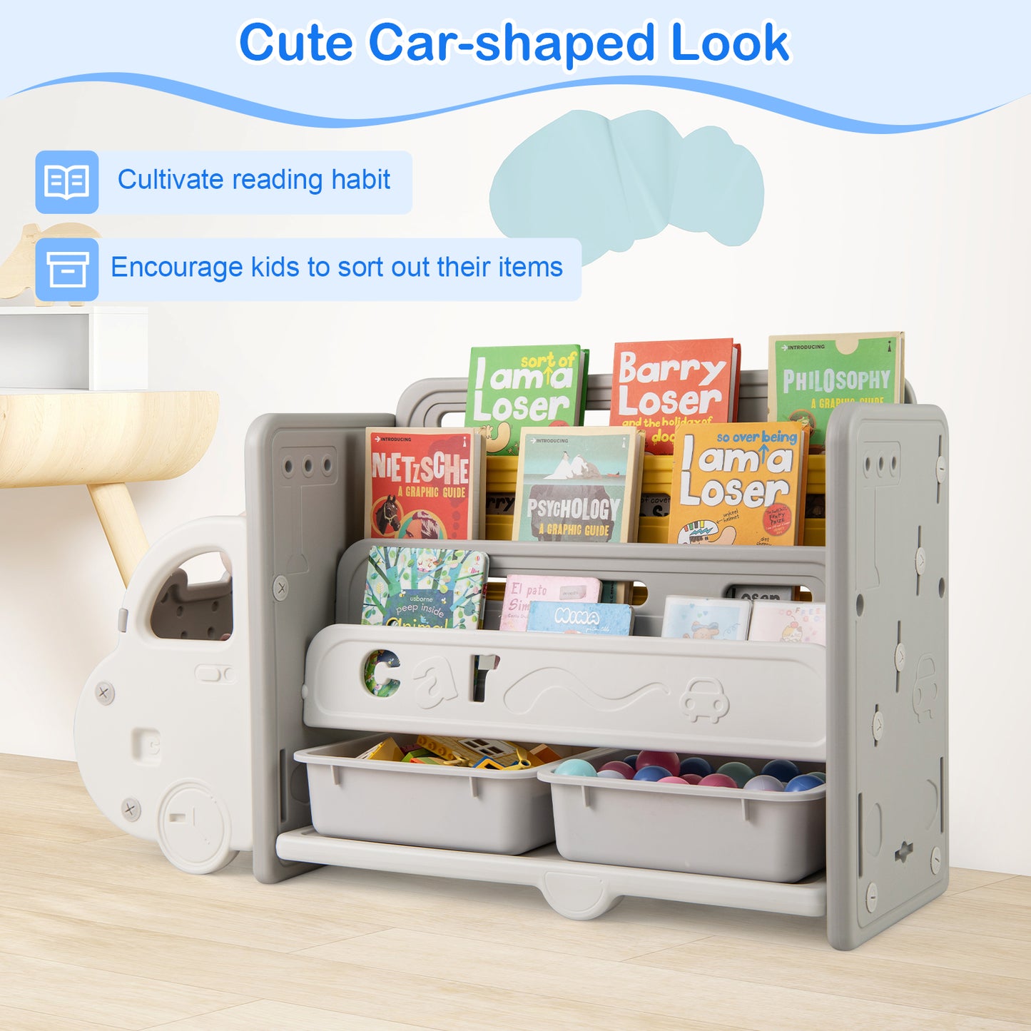 Kids Toy Storage and Bookshelf Car Themed Toy Storage Shelf