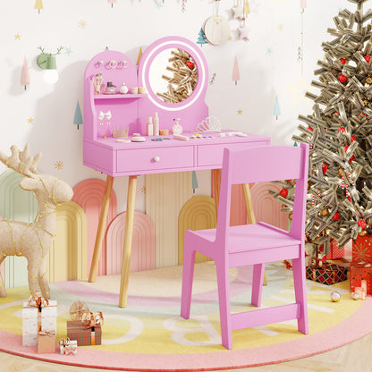 Kids Vanity Set with 2-Color Front Lit Mirror for 3+ Years-Pink