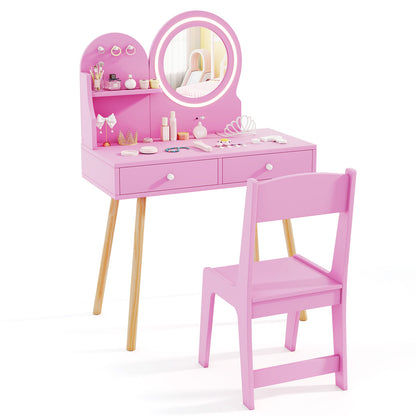 Kids Vanity Set with 2-Color Front Lit Mirror for 3+ Years-Pink
