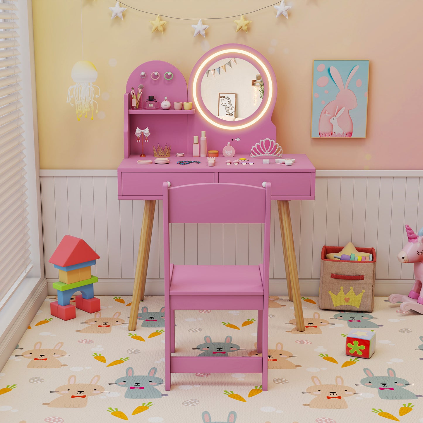 Kids Vanity Set with 2-Color Front Lit Mirror for 3+ Years-Pink