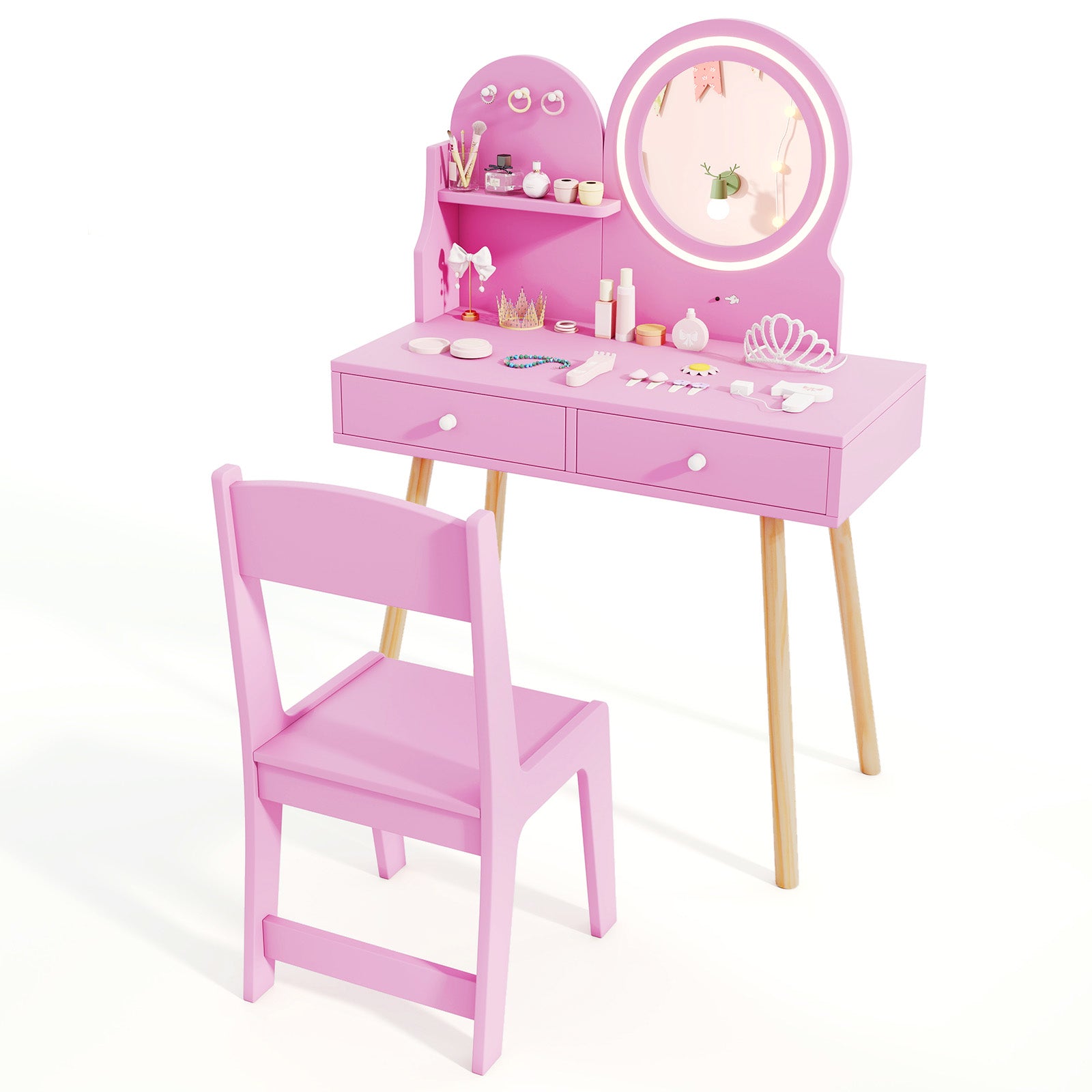 Kids Vanity Set with 2-Color Front Lit Mirror for 3+ Years-Pink