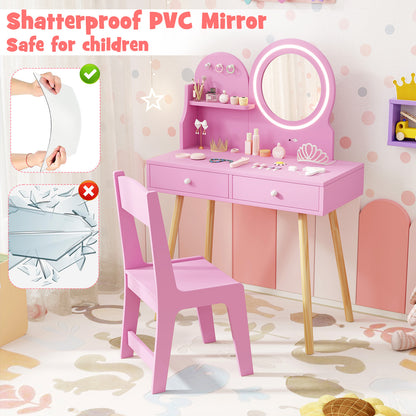 Kids Vanity Set with 2-Color Front Lit Mirror for 3+ Years-Pink