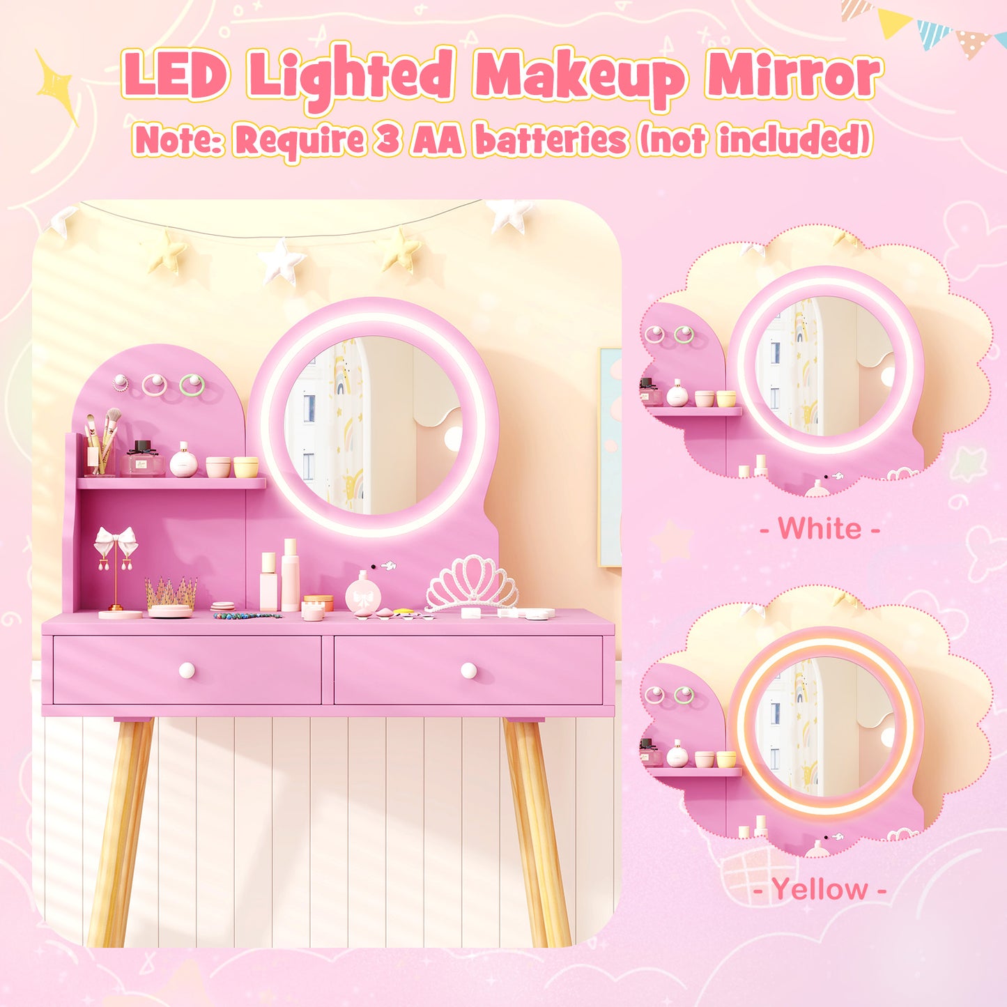 Kids Vanity Set with 2-Color Front Lit Mirror for 3+ Years-Pink