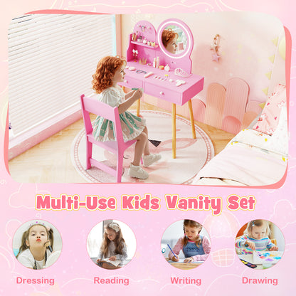 Kids Vanity Set with 2-Color Front Lit Mirror for 3+ Years-Pink